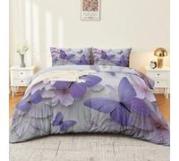Duvet Cover Set 260 x 220 cm Premium Soft Microfibre Bedding Set Purple Pink 3D Dreamy Floral Butterfly Quilt Cover with 2 Pillowcases Easy Care with Zip & Ties