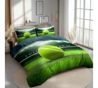 Duvet Cover Set 3 Pc Soft Lightweight Microfibre Printed Zipper Closure - Green White Bedding - Super King Size 260 X 220 Cm With 2 Pillowcases 50 X 75 Cm - Sports Tennis Arena Design