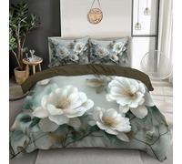 Duvet Cover Set 3 Pcs Camellia Flowers 3D Digital Printing Watercolor Plants Bedding Set Girl Woman Beige Quilt Cover With Pillowcase Easy Care Machine Washable,Microfiber,King