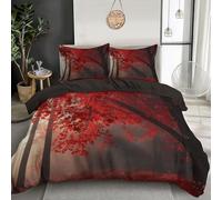 Duvet Cover Set 3 Pcs Misty Maple Forest 3D Digital Printing Natural Scenery Bedding Set Girl Woman Red Quilt Cover With Pillowcase Easy Care Machine Washable,Microfiber,Double