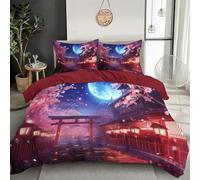 Duvet Cover Set 3 Pcs Moon Cherry Blossoms 3D Digital Printing Japanese Landscape Bedding Set Girl Woman Pink Quilt Cover With Pillowcase Easy Care Machine Washable,Microfiber,Super King