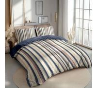 Duvet Cover Set 3 Pcs Ultra Soft Breathable Microfibre Printed Zipper Corner Ties - Classic Stripes Simple Printed Look - Super King Size 260 X 220 Cm With 2 Pillowcases - Beige Dark Blue