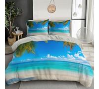 Duvet Cover Set 3 Pcs White Cloud Palm Trees 3D Digital Printing Island Scenery Bedding Set Girl Woman Blue-Green Quilt Cover With Pillowcase Easy Care Machine Washable,Microfiber,King