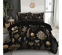 Duvet Cover Set 3 Pcs Wildflowers And Leaves 3D Digital Printing Elegant Plants Bedding Set Girl Woman Black And Gold Quilt Cover With Pillowcase Easy Care Machine Washable,Microfiber,Double