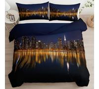 Duvet Cover Set 3 Pieces, Double Quilt Cover & 2 Pillowcases - City Skyscraper Landscape Microfibre Soft Easy Care Black Reversible Breathable Bedding Set Zip Design (200x200cm)