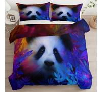 Duvet Cover Set 3 Pieces, Double Quilt Cover & 2 Pillowcases - Fantasy Cute Panda Microfibre Soft Easy Care Light Purple Reversible Breathable Bedding Set Zip Design (200x200cm)