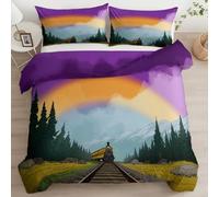 Duvet Cover Set 3 Pieces, Super King Quilt Cover & 2 Pillowcases - Cartoon Steam Engine Rainbow Bridge Microfibre Soft Easy Care Multicolour Reversible Breathable Bedding Set Zip Design (260x220cm)