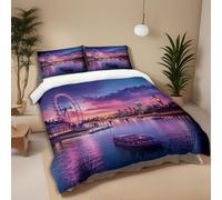 Duvet Cover Set 3D Double 200x200 cm London Eye and London City skyline Bedding Quilt Cover Set 3 Pieces Soft Microfiber Bedding Quilt Cover with Zipper Closure for Teens and Adults