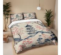 Duvet Cover Set 3D Single 135x200 cm Japanese cherry blossom multi-story pagoda Bedding Quilt Cover Set 3 Pieces Soft Microfiber Bedding Quilt Cover with Zipper Closure for Teens and Adults