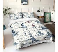 Duvet Cover Set 3pcs Nautical Themed Lighthouse Compass Quilt Cover Easy Care Bed Linen Soft Cosy, Duvet Cover with Zipper Closure Bedding Sets with Pillowcases - Single 53x79