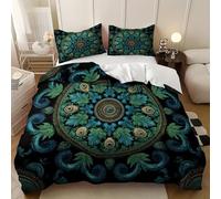 Duvet Cover Set 79x79 inch Bohemian Mandala Pattern Soft Microfiber Duvet Covers 3 Pcs, Machine Washable Double Bedding Set Blue with Zipper Closure with 2 Pillowcase