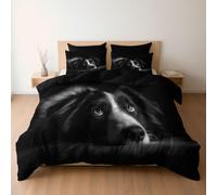 Duvet Cover Set Animals Dogs Melancholy Border Collie Design, Reversible Cot-bed Bedding 2 Pcs Ultra Soft Hypoallergenic Luxury, Quilt Cover with Zipper Closure, Black