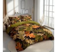 Duvet Cover Set Autumn Forest Plant Leaves, 3 Piece Double Bedding Set 200 x 200 cm Stylish Printed Design, Soft Microfiber Duvet Cover Army Green for Boys & Teens' Bedrooms
