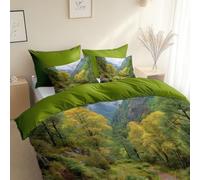 Duvet Cover Set Autumn Path In The Forest With Leaves, 135 x 200 cm, Single Size, Army Green Ultra Soft Hypoallergenic Duvet Cover, With Zipper Closure for All Season