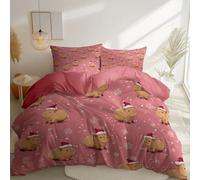 Duvet Cover Set Bedding Set Pink Super King Size 102" X 86" 3 Pcs Soft Microfiber Cartoon Capybara Santa Hat Snowflakes Printed Duvet Cover With 2 Pillowcases And Zipper Closure For Boys And Girls