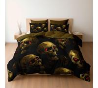 Duvet Cover Set Cartoon Game Gold Skull Red Eyes Design, Reversible King Bedding 3 Pcs Ultra Soft Hypoallergenic Luxury, Quilt Cover with Zipper Closure, Dark Brown