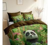 Duvet Cover Set Cartoon Style Bamboo Forest Panda, 200 x 200 cm, Double Size, Forest Green Ultra Soft Hypoallergenic Duvet Cover, With Zipper Closure for All Season
