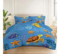 Duvet Cover Set Cartoon Turtle Seaweed Printed Bedroom Decor, Soft Microfibre Single Size Duvet Cover Breathable, Blue Reversible Bedding Set with Zip for Kids Boys Teens