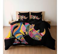 Duvet Cover Set Colorful Artistic Animated Rhino Design Design, Reversible King Bedding 3 Pcs Ultra Soft Hypoallergenic Luxury, Quilt Cover with Zipper Closure, Black