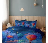 Duvet Cover Set Dark Blue 3-Piece Double 200 x 200 cm Hot Air Balloon Sky CloudsMicrofibre Beddingwith Zippers and 2 PillowcasesNon Iron Bedding Hotel Quality Quilt Cover