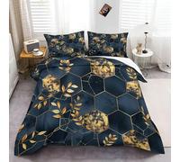 Duvet Cover Set Dark Blue Gold Easy to Care 3 Pcs Pattern Microfiber Ultra Soft Printed Duvet Cover Set With 2 Pillow Cases Printed Abstract Geometric Leaves Bedding Set Double