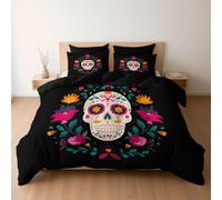 Duvet Cover Set Day of the Dead Art Flowers Leaves Skull Design, Reversible King Bedding 3 Pcs Ultra Soft Hypoallergenic Luxury, Quilt Cover with Zipper Closure, Charcoal Black