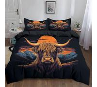 Duvet Cover Set Double 200x200 cm Highland Cow Mountains Moon Duvet Cover with 2 Pillowcases, Polyester Cotton Bedding Set with Zipper Closure, Soft and Comfortable