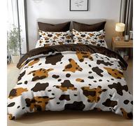 Duvet Cover Set Double 200x200cm Animal Print Cow Spot Brown Polyester-Cotton Bedding Sets 3 Pcs With Zipper Closure Ultra Soft Anti Allergic Non Iron with Zipper Closure