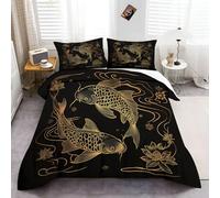 Duvet Cover Set Double, 3 Piece Line Carp Swimming Print Bedding Set Black And Gold Polyester Soft Quilt Cover with 2 Pillow Cases, for Girls Boys Children Adults