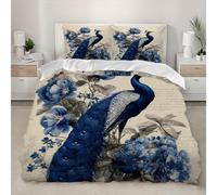 Duvet Cover Set Double 79x79 inch Soft Microfibre Quilt Cover with Zipper Embossed Peacock Pattern Bedding Sets with 2 Pillowcases, Hypoallergenic Breathable Retro Style 3 Piece Bed Covers