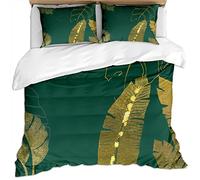 Duvet Cover Set Double Bed 200X200Cm - Gold Leaf On Dark Green Background Luxury Fashion Art Gold Foil Pattern 3 Pcs Bedding Set With Zipper Closure And 2 Pillow Covers 50X75Cm Ultra Soft Easy Care