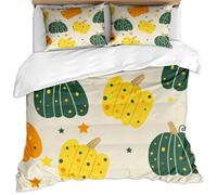 Duvet Cover Set Double Bed 200X200Cm - Yellow And Green Polka Dot Pumpkin Thanksgiving Cartoon Art Pattern 3 Pcs Bedding Set With Zipper Closure And 2 Pillow Covers 50X75Cm Ultra Soft Easy Care Mic