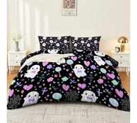 Duvet Cover Set Double Cartoon Cute Little Ghosts Pattern, 3 Piece Bedding with Pillowcases, Reversible Microfiber Quilt Cover with Zipper, Black
