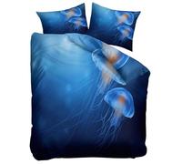Duvet Cover Set Double Modern Deep Sea Bioluminescent Jellyfish Organism microfiber Bedding, Reversible Soft 200 x 200 cm 3 Pieces with 2 Pillowcases, for Boys Teens All Season Quilt Cover Dark Blue