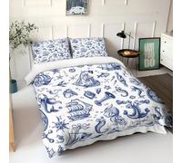 Duvet Cover Set Double Nautical Themed Sailing Compass Blue Quilt Cover Bedding Set Easy Care Bed Linen Soft Microfiber, Bedding Sets & Pillowcase with Zipper Closure, Duvet Cover for Kids Teenagers