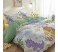 Duvet Cover Set Double Size 200 x 200 cm Brushed Microfiber Bedding Set with Zipper Closure and 2 Pillowcases, Reversible Cartoon Dinosaur Plant Printed, Sage Green