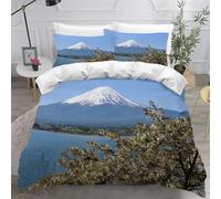 Duvet Cover Set double size 3D Japanese Cherry Blossoms Quilt Cover Soft Microfiber Comforter Cover With Zipper Closure Bedroom and 2 Pillowcase Mount Fuji Bedding Sets for Kids Teens and Adults