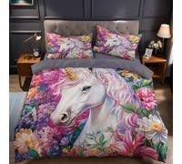 Duvet Cover Set Double Size Floral Unicorn 200x200 cm Bedding Set for Boys Girls Men Women, 3 Pcs Soft Comforter Cover Bedding and Polyester Decor