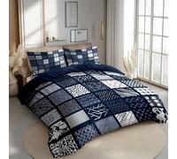 Duvet Cover Set Double Size, Modern Geometric Patchwork Bedding Set, Navy Blue and White Abstract Checkered Design, 3-Piece Quilt Cover with Pillowcases, Zip Closure & Corner Ties, Bedroom Decor