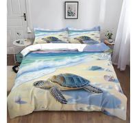 Duvet Cover Set Double Size, Sea Turtle On Coastal Beach Print Pattern Bedding Set for Kids Girls Adult Bedroom Decor, White Green Soft Polyester Quilt Cover All Season with Zipper