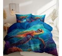 Duvet Cover Set Dreamlike Turtle Coral Printed Bedroom Decor, Soft Microfibre King Size Duvet Cover Breathable, Dark Blue Reversible Bedding Set with Zip for Kids Boys Teens