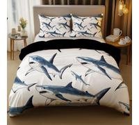 Duvet Cover Set for Kids Man and Woman Cute Cartoon Shark Theme, Quilt Cover Decor Bedroom Collection Double Size (79" x 79") with 2 Pillowcases Soft Microfiber Bedding Set Black