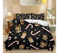 Duvet Cover Set for Teens Boys Girls Black Printed Bedding Set, Christmas Elements Candy Cane Pattern Soft Microfiber with Zipper Closure, Lightweight Durable 200 x 200 cm