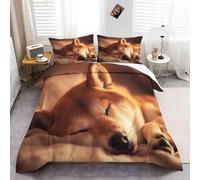 Duvet Cover Set Gentle Sleeping Shiba Inu Printed, 100% Microfiber Breathable Bedding, Bed Sets Single Duvet Set Soft Brown Duvet Covers with 2 Pillowcases