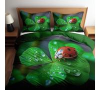 Duvet Cover Set Green Leaves Bugs Four-Leaf Clover - Easy Care Bed Linen Soft Cosy Bedding Sets - Luxury Reversible Quilt Cover, Cot-bed 120 x 150 cm Green Duvet Cover with Pillowcases