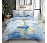 Duvet Cover Set Ink Painting Boat Sail River Water 200 x 200 cm Ultra Soft Comforter Cover with Zipper Closure Gray Blue, Easy Care Machine Washable Anti Allergic 2 Pcs Quilt Cover Bedding Set