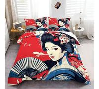 Duvet Cover Set Japanese Geisha Fan 3 Piece Breathable Printed Natural Quilt Covers Blue Bedding Set Duvet Set Soft Quilt Cover with 2 Pillowcases 200 x 200 cm