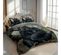 Duvet Cover Set Kids & Adults, Microfiber Light Weight Nature Animal Chimpanzee Printed Double Size Duvet Cover Sets, Reversible Bedding Bed Set 200 x 200 cm With 2 Pillowcases, Grey