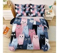 Duvet Cover Set King, 3 Pcs Cartoon Cute Animal Kitten Print Bedding Set Colorful Soft Microfiber Quilt Cover with Zipper Closure for Teens Girls Kids Reversible Duvet Set - 230 x 220 cm