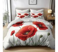 Duvet Cover Set King Size 220x230 cm Floral Red Poppy Flower Duvet Set Breathable Comforter Covers Super Soft Microfibre Cotton Bedding Sets with 2 Pillowcases
